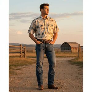 Roper Pearl Snap Aztec Southwestern Cowboy Cattle Stampede AOP Mens XL Shirt EUC